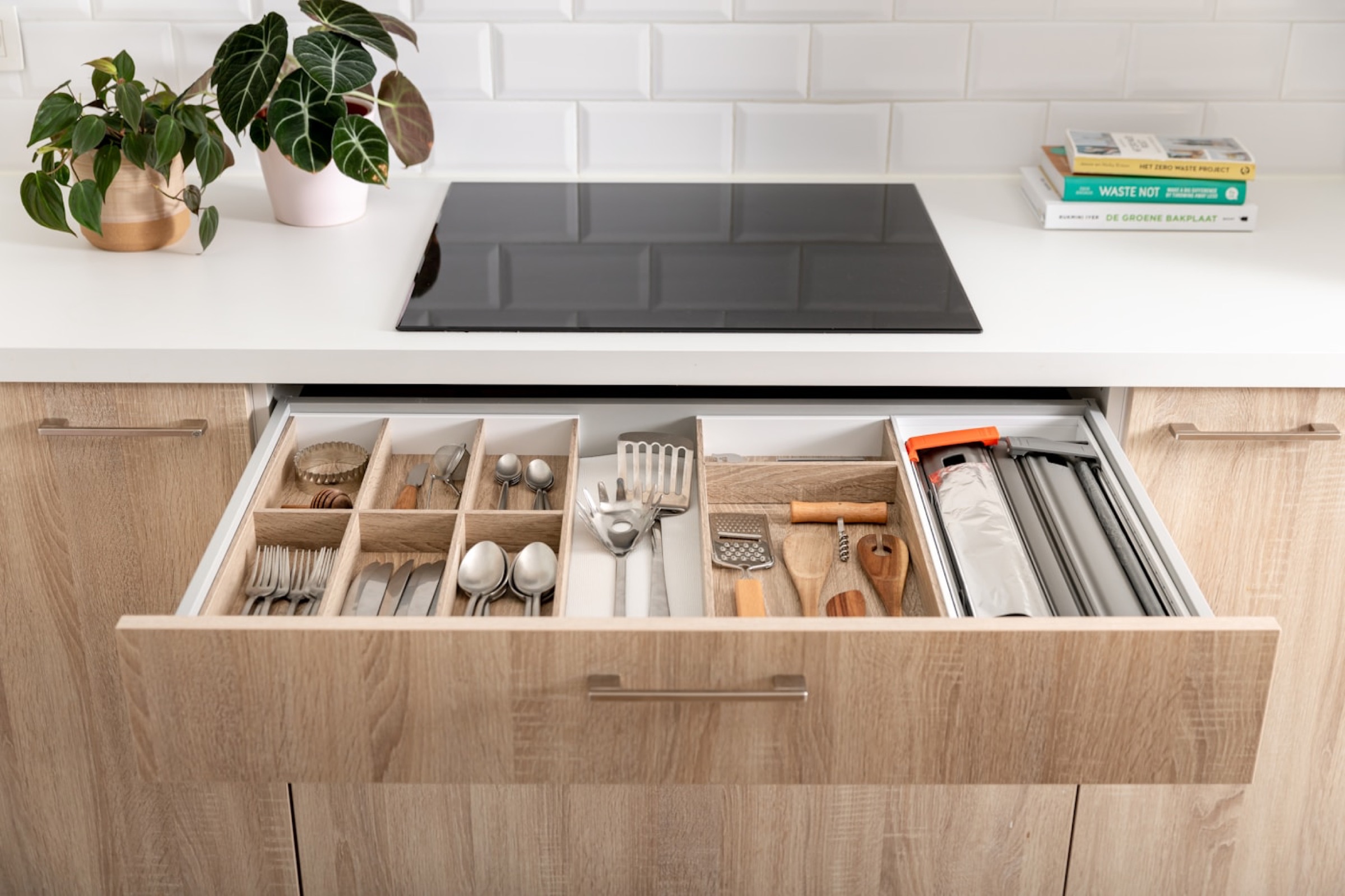 Kitchen drawer with fitted interior dividers