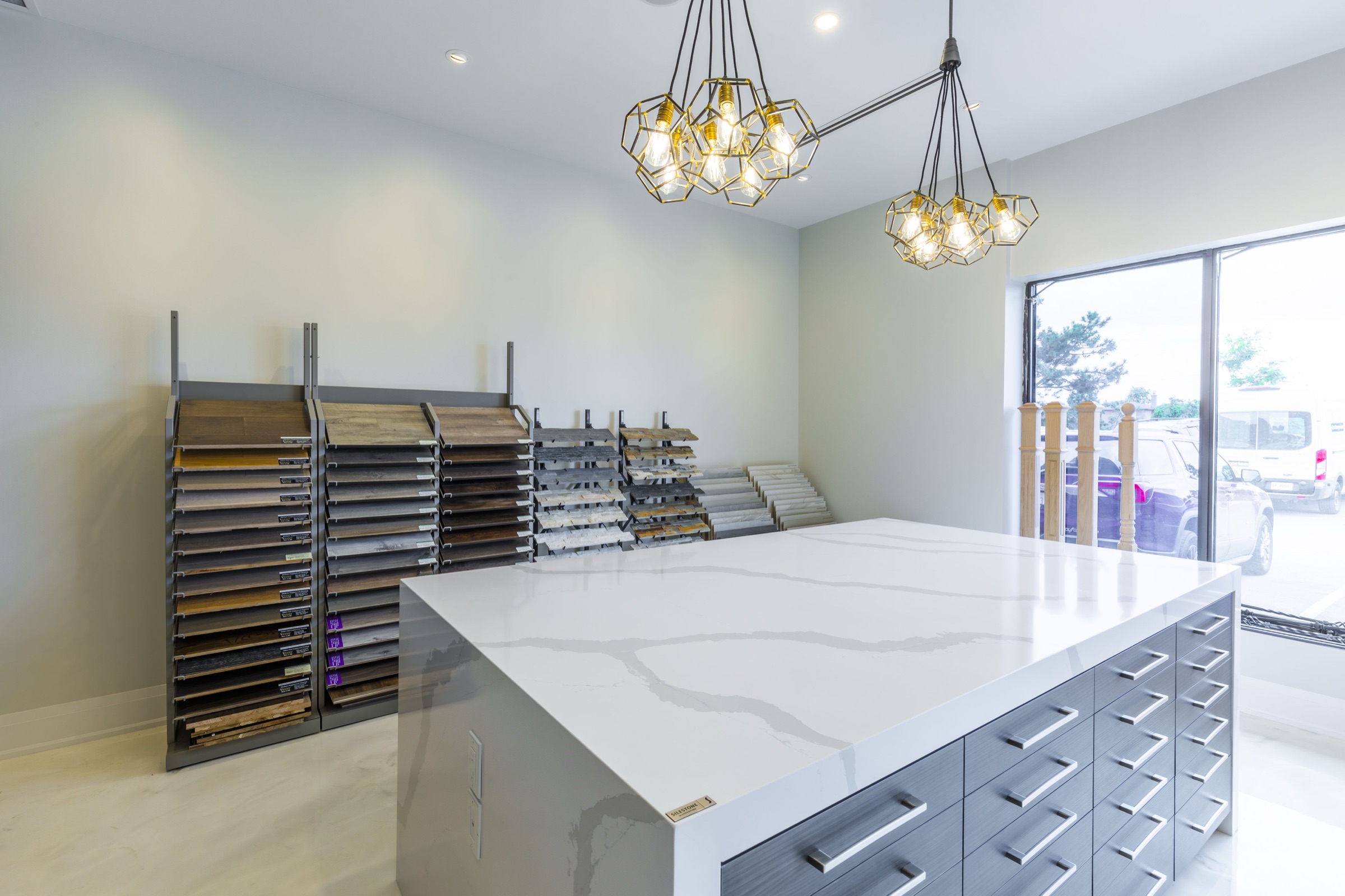 Material and cabinetry details at the showroom